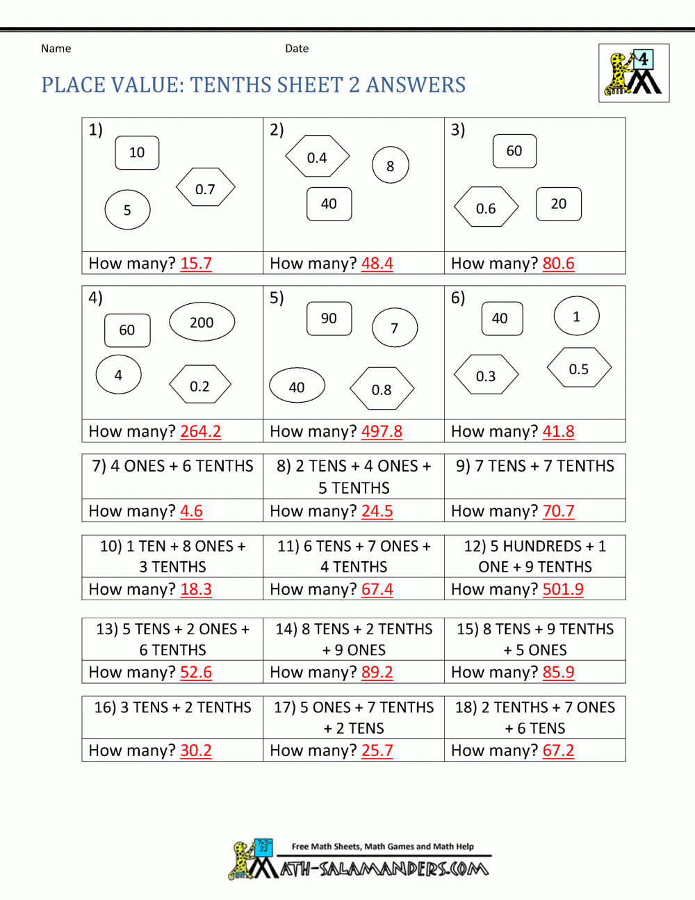 Decimal Place Value Worksheets 4th Grade