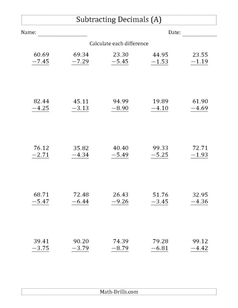 Decimal Worksheets 5Th Grade Adding And Subtracting Decimals Db excel