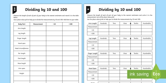 Dividing By 10 And 100 Differentiated Worksheet Worksheets