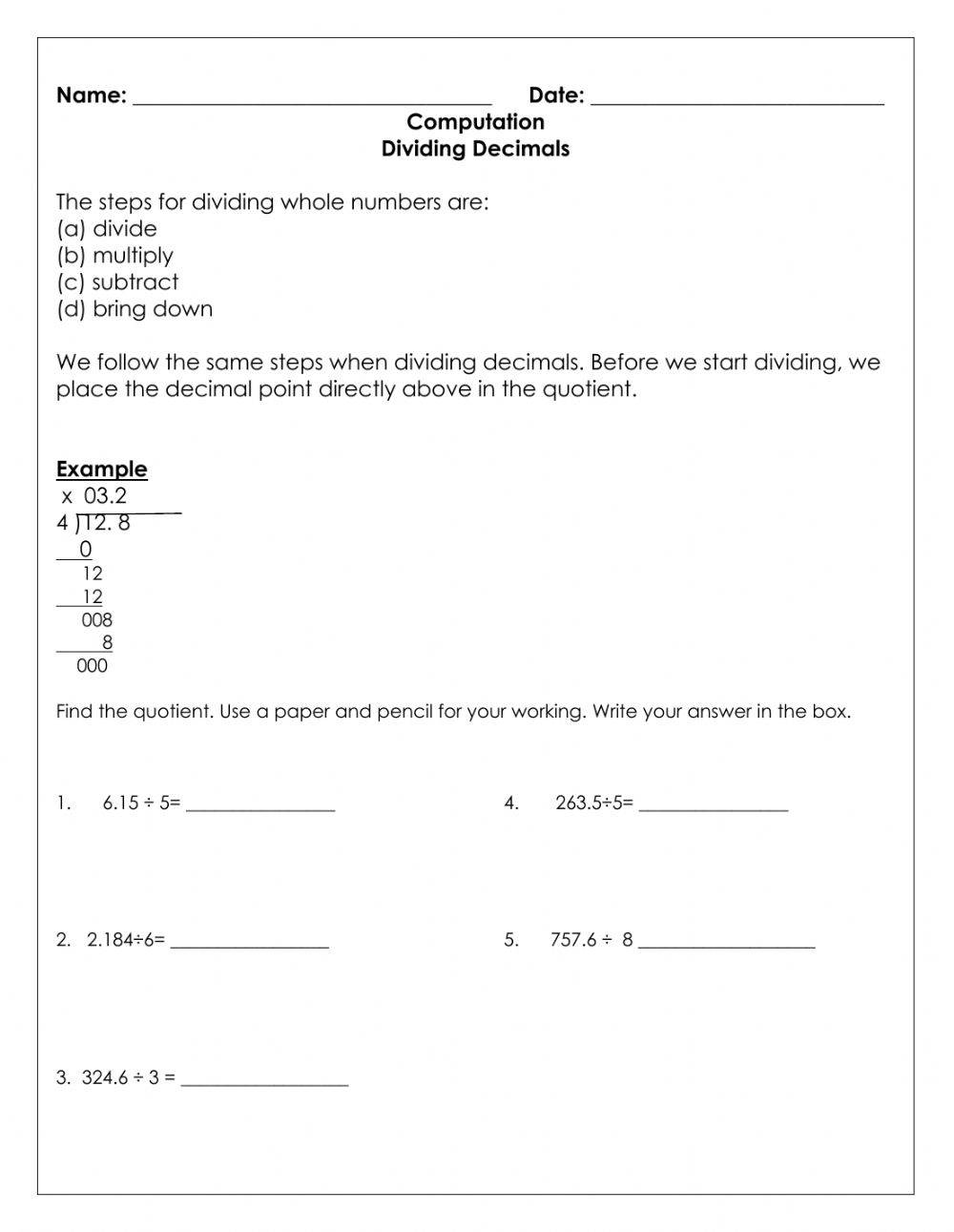 Dividing Decimals Activity