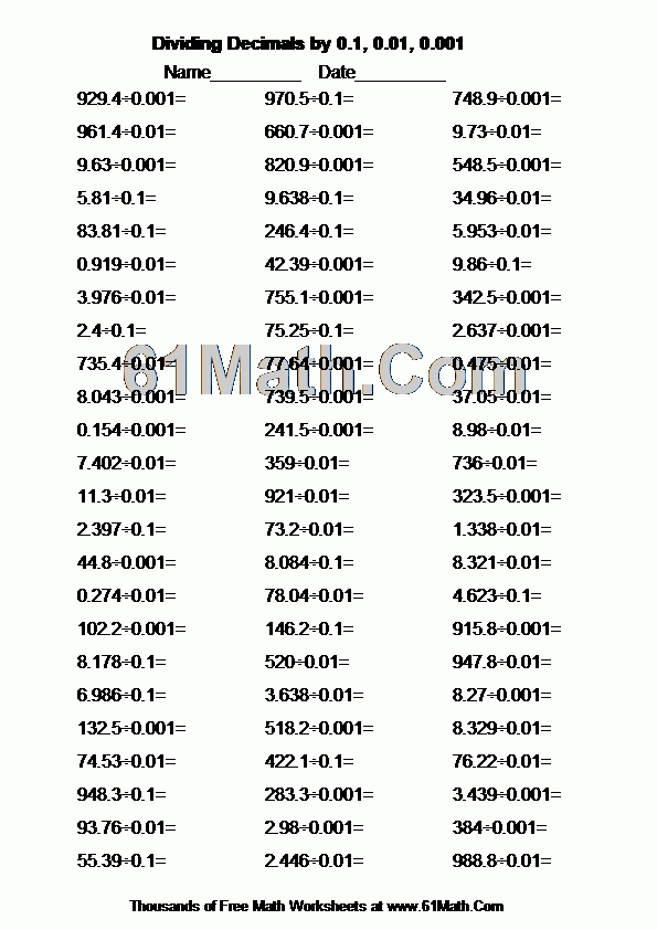 Dividing Decimals By 0 1 0 01 0 001 Create Your Own Math Worksheets