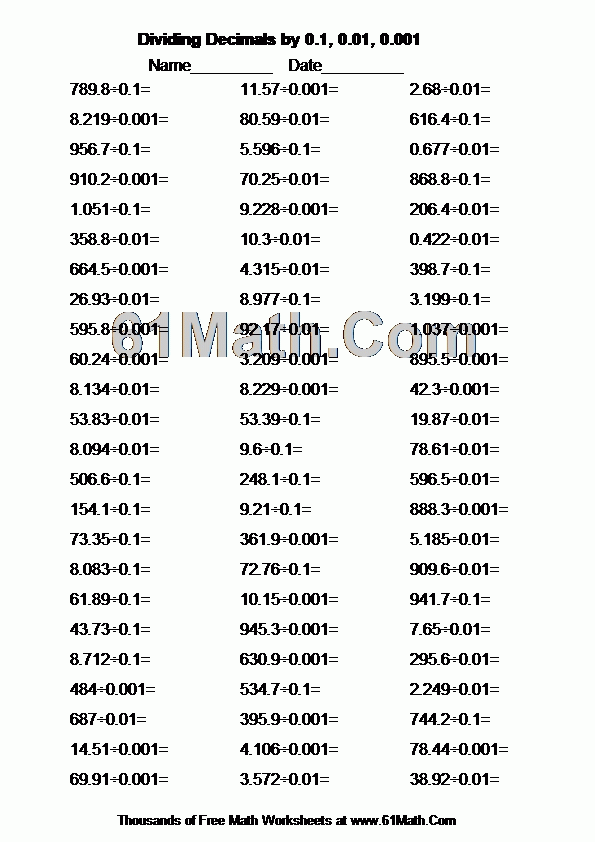 Dividing Decimals By 0 1 0 01 0 001 Create Your Own Math Worksheets