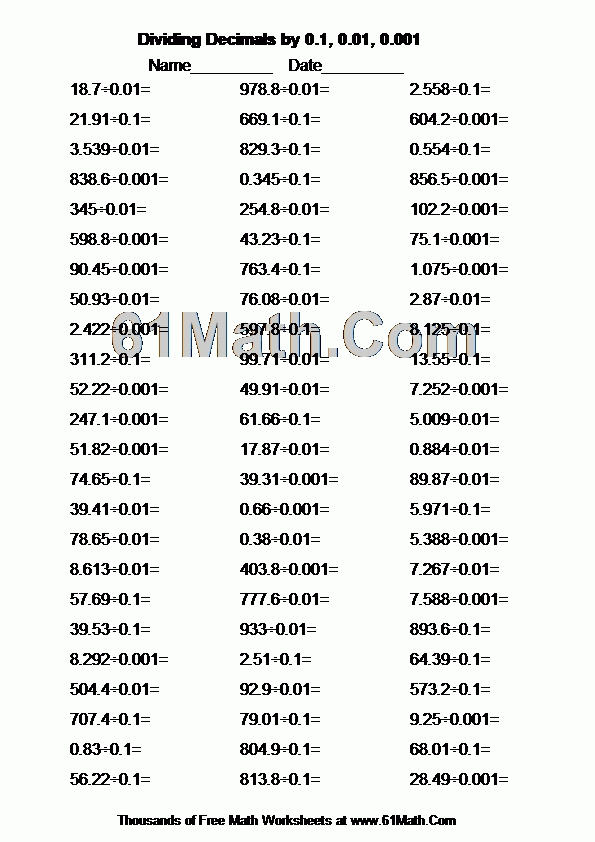 Dividing Decimals By 0 1 0 01 0 001 Create Your Own Math Worksheets