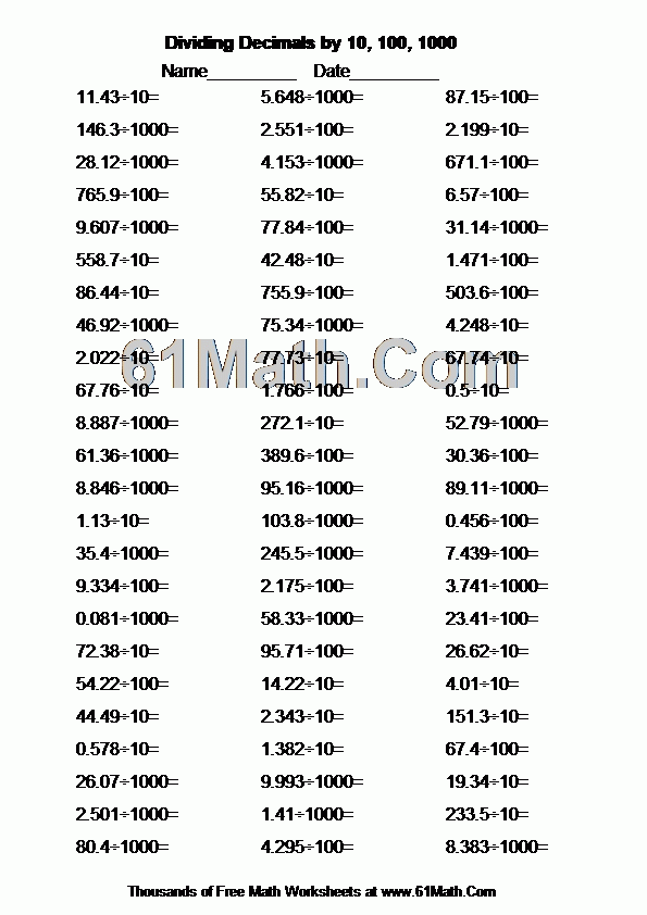 Dividing Decimals By 10 100 1000 Create Your Own Math Worksheets