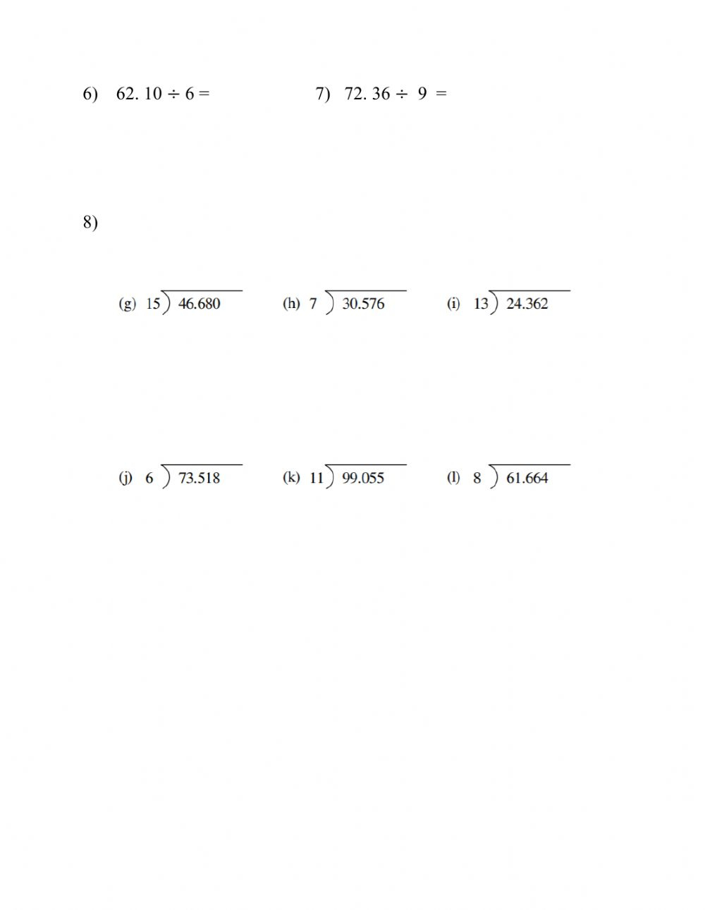 Dividing Decimals By Whole Numbers Interactive Worksheet