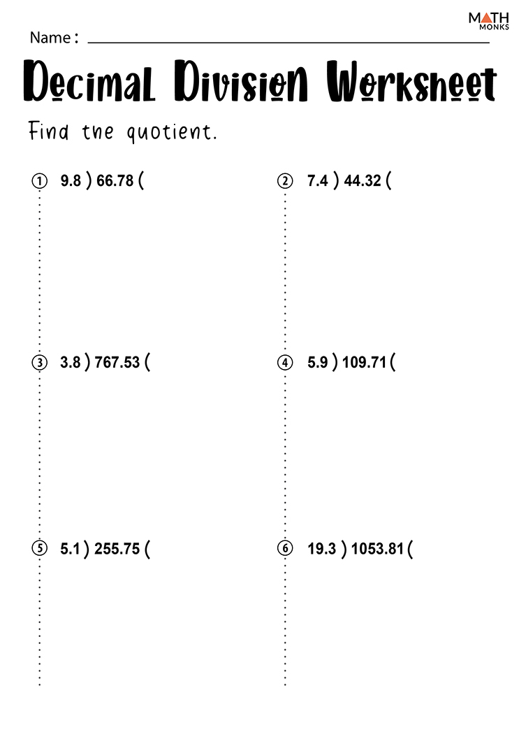 Dividing Decimals Worksheets Math Monks