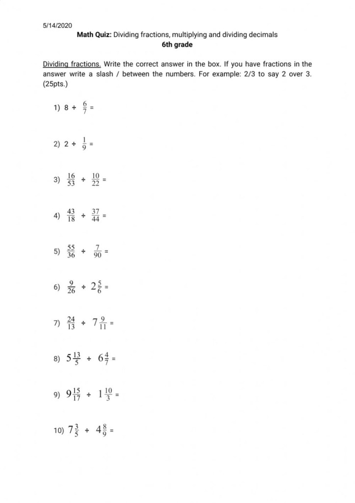 Dividing Fractions Multiplying And Dividing Decimals Worksheet