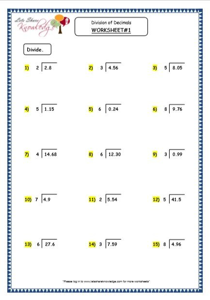 Division Of Decimals Quotient As Mixed Number Printable Worksheets 