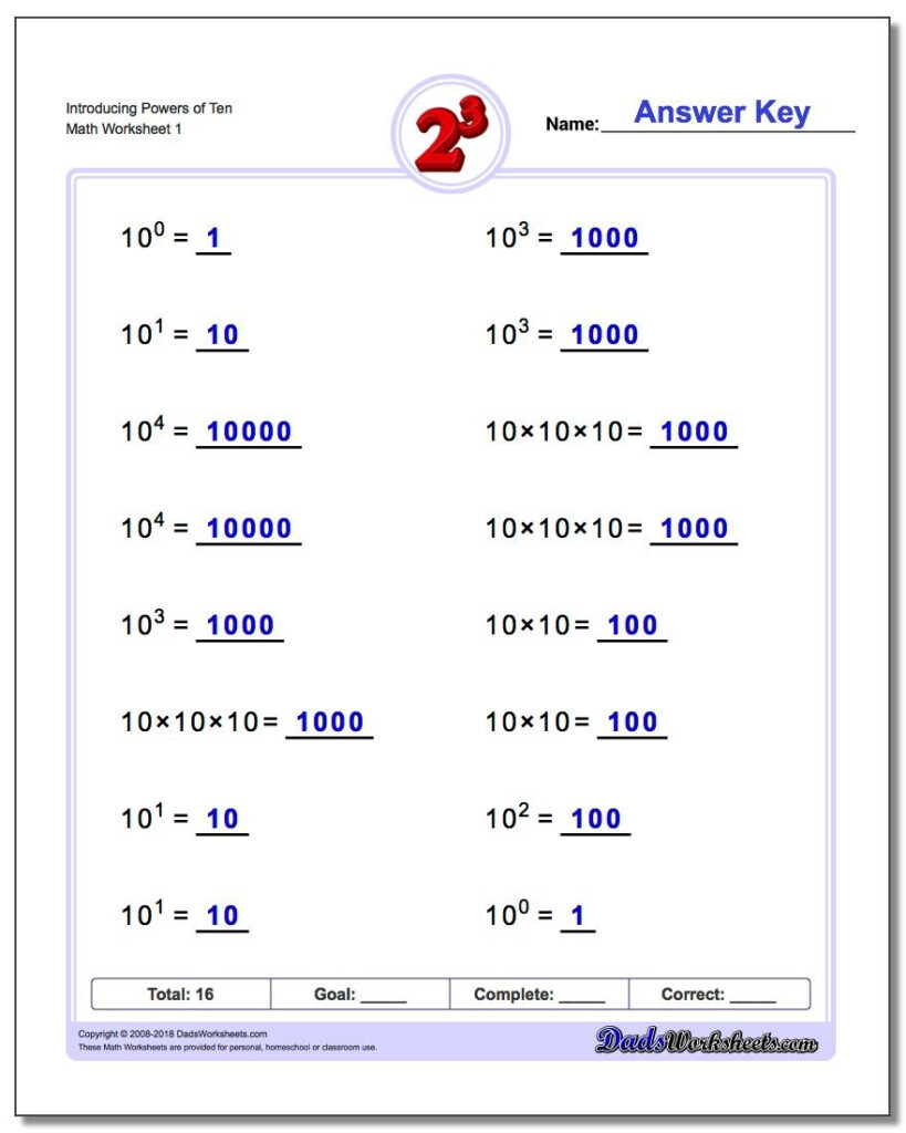 Exponents Worksheets