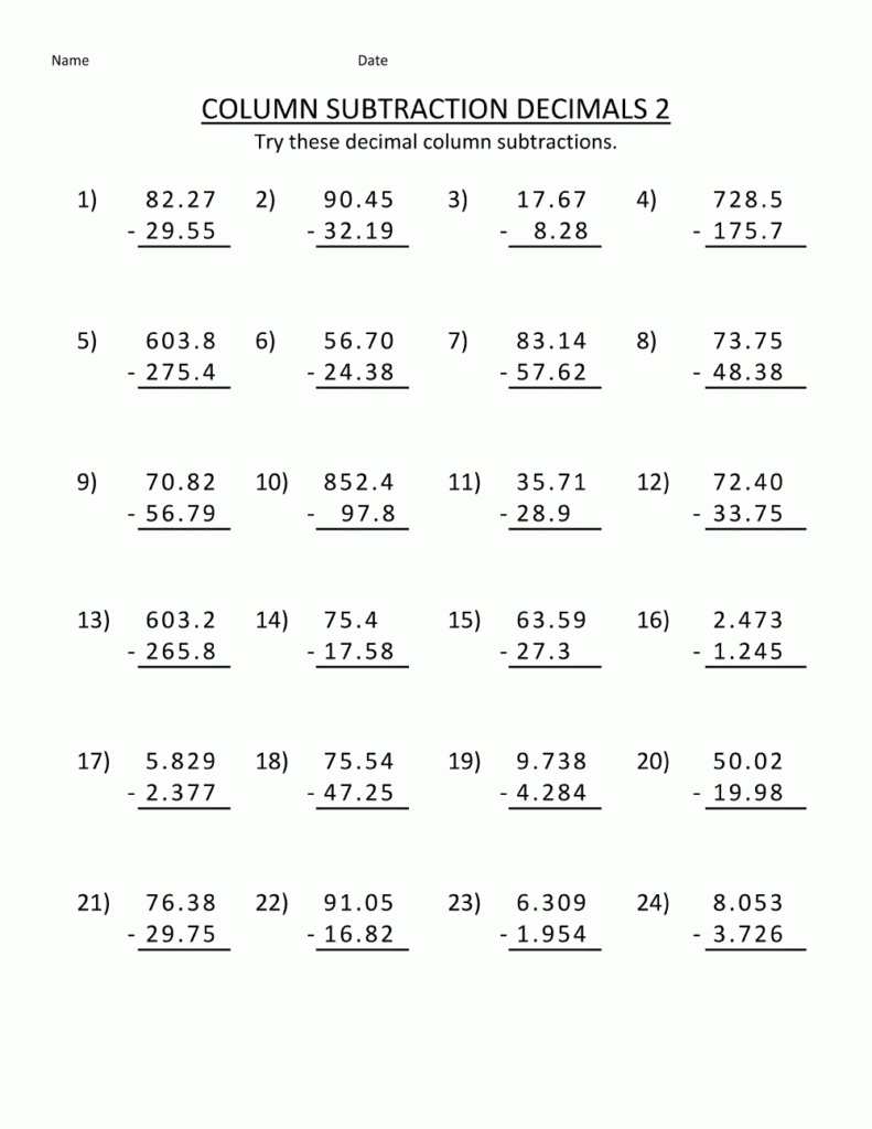 Fifth Grade Math Worksheets Addition To Decimals Learning Printable