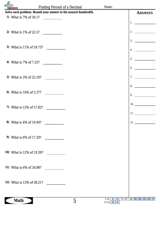 Finding Percent Of A Decimal Worksheet Template With Answer Key 