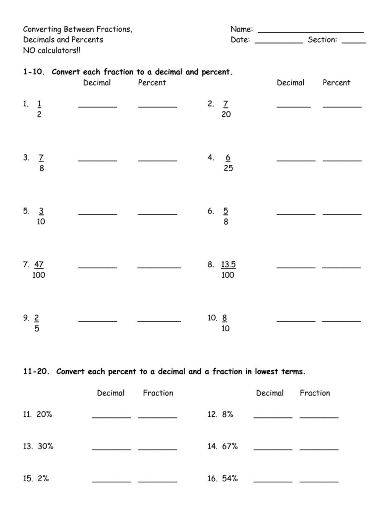 Fraction Decimal Percent Worksheet