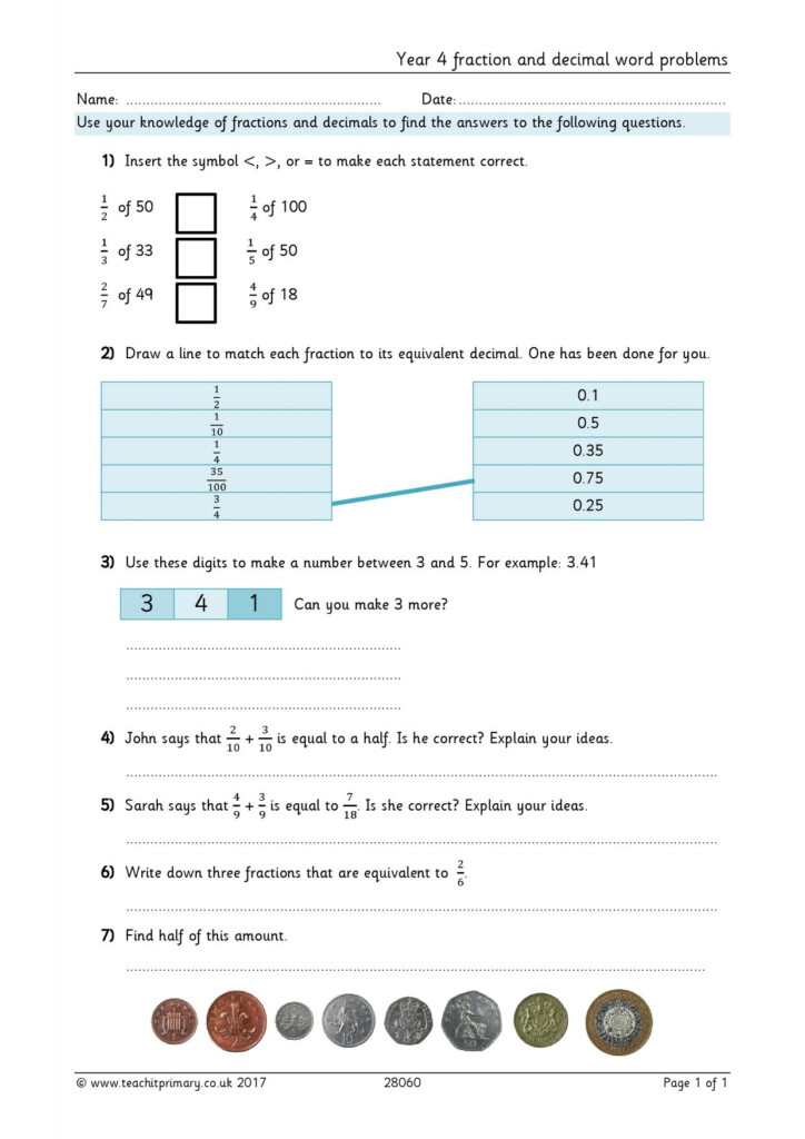 Fraction Decimal Word Problems Worksheet Worksheets Free Download