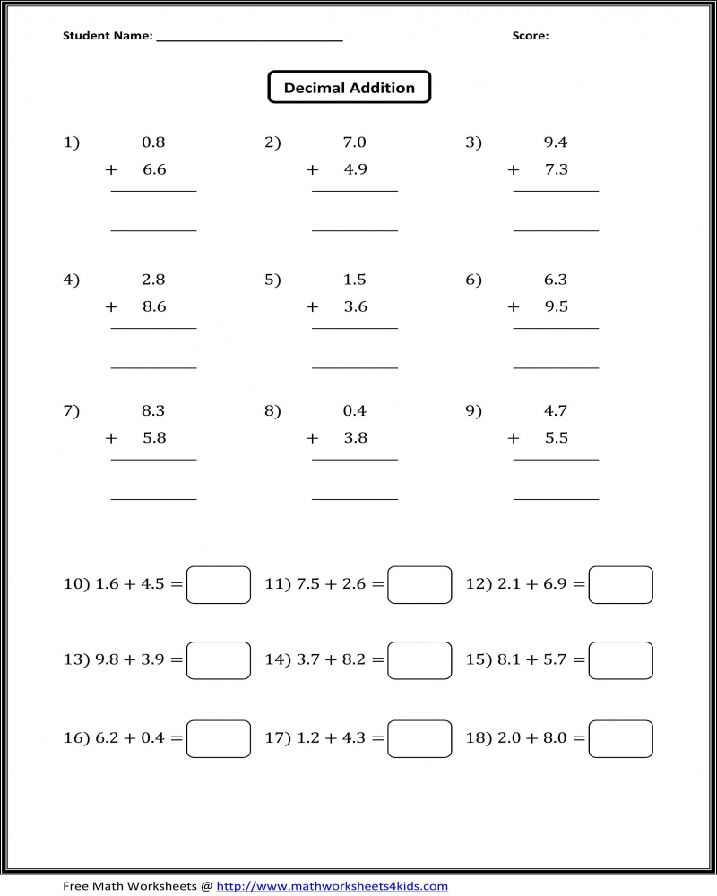 Free Printable Math Worksheet Adding Decimals 3rd Grade Math 