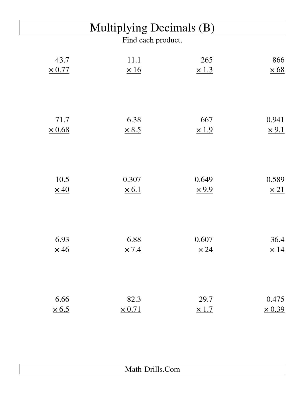 Free Printable Multiplying Decimals Worksheets