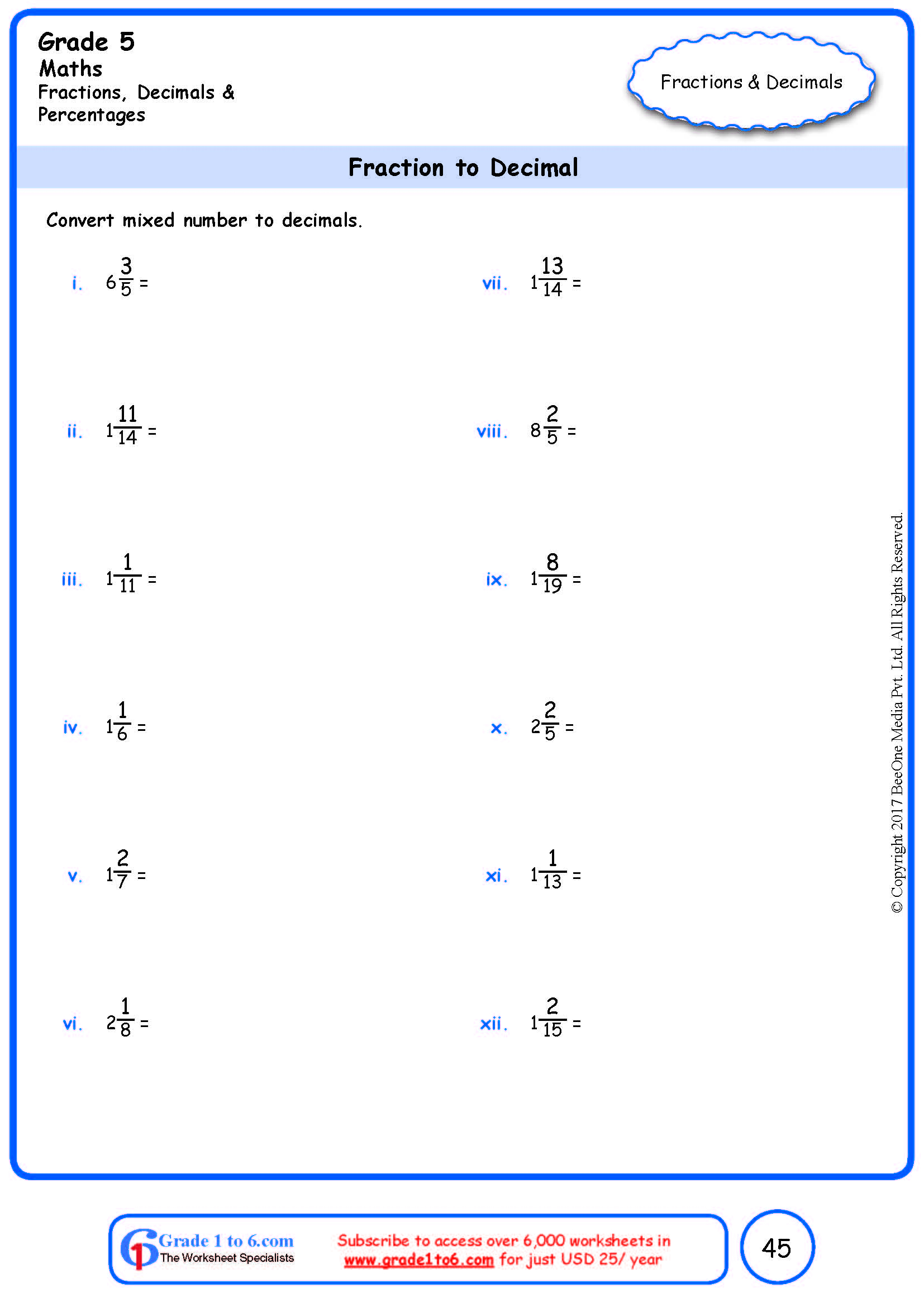 Grade 5 Fraction To Decimal Conversion Worksheets www grade1to6