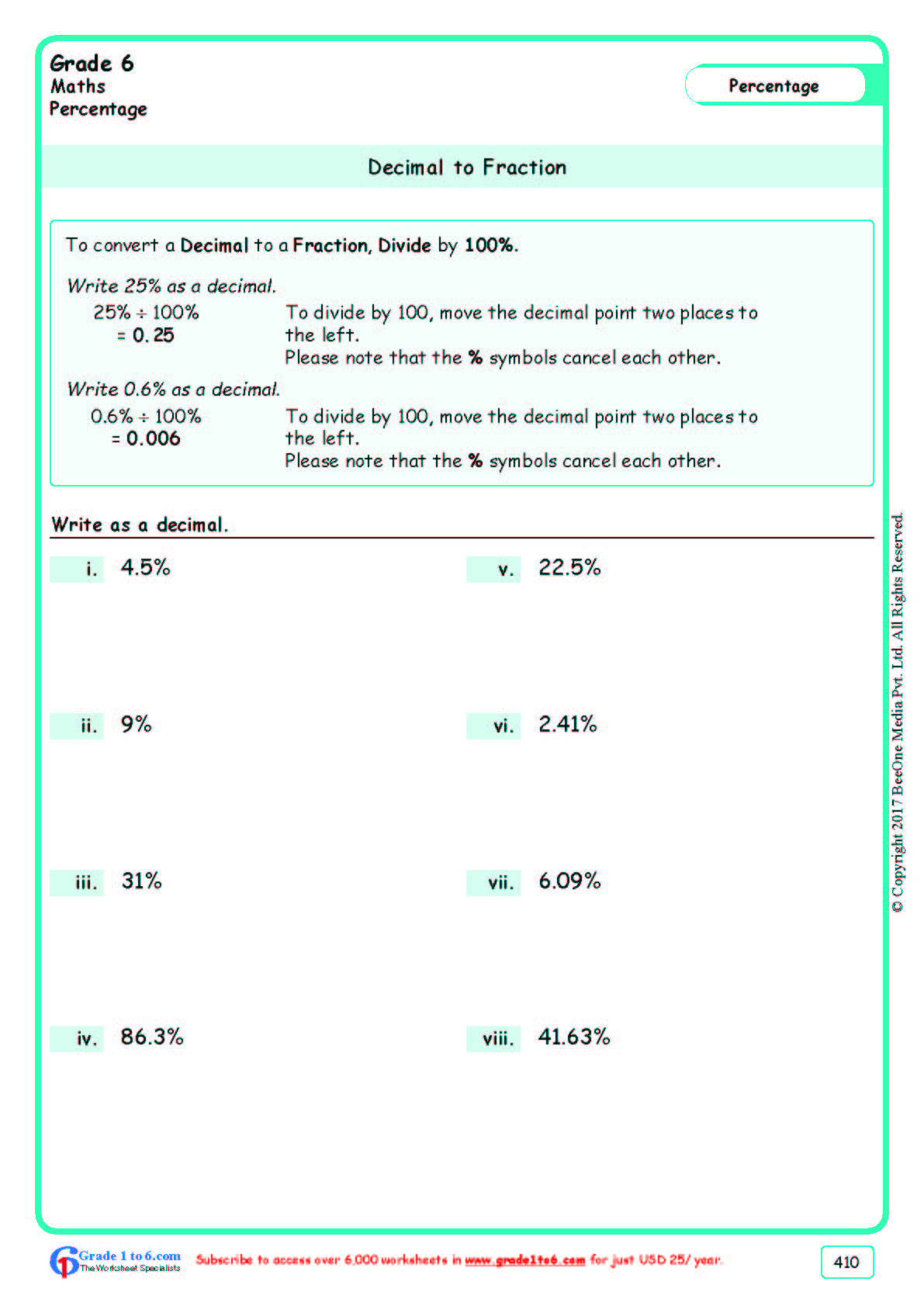 Grade 6 Class Six Decimal To Fraction Worksheets www grade1to6