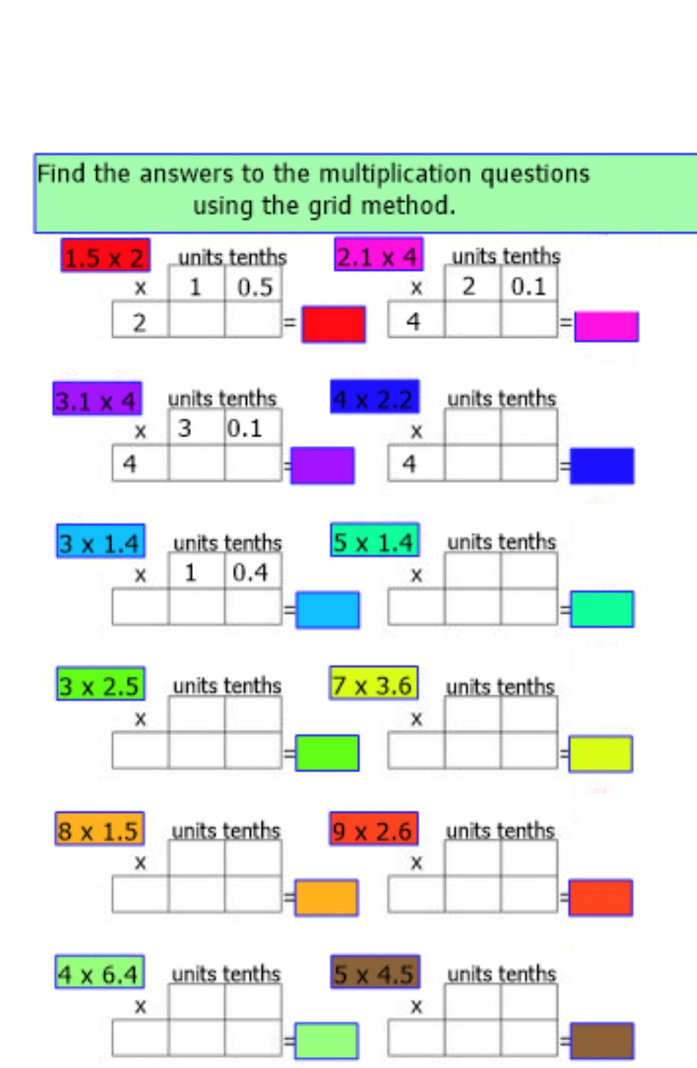 Grid Multiplication Decimals Interactive Worksheet