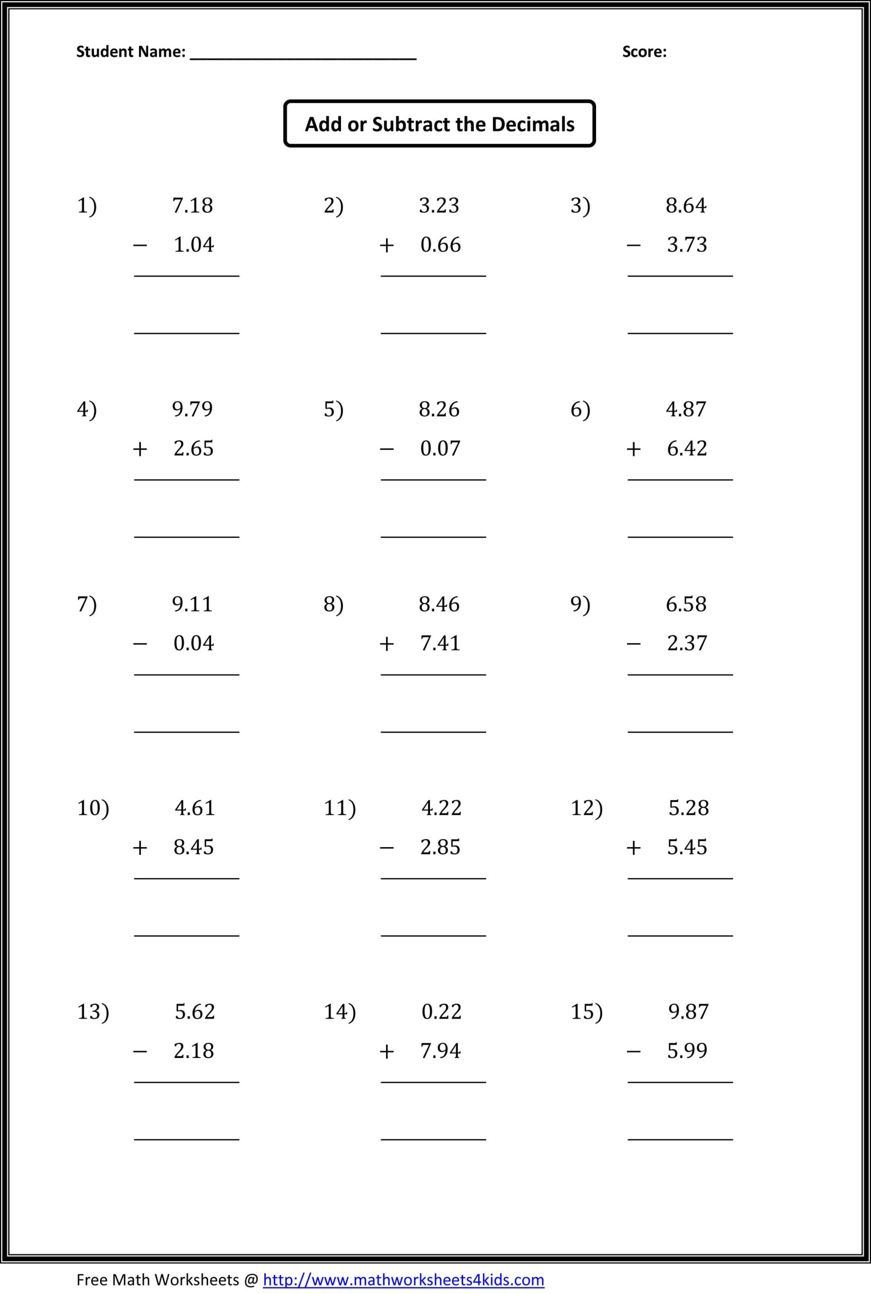 Math Worksheets Grade 7 Decimals