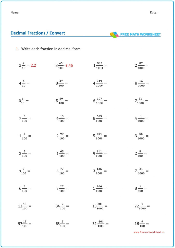 Mixed Fractions To Decimal Free Math Worksheets Fraction To Decimal