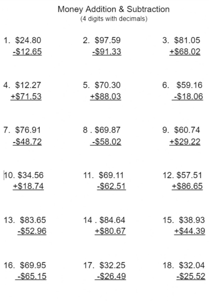 Money Addition And Subtraction 4 Digits With Decimals Worksheet