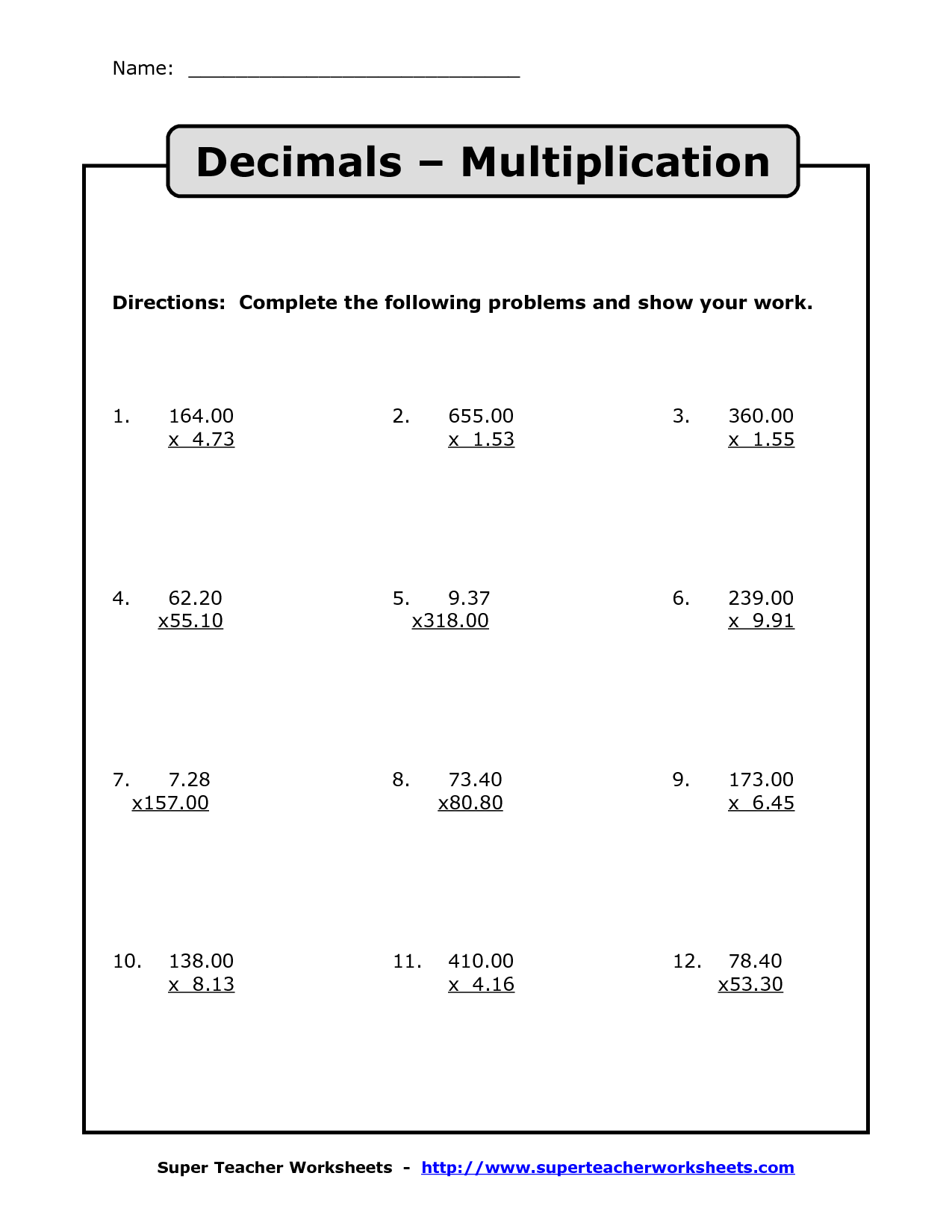 Multiplication And Division Of Decimals Worksheets Pdf Times Tables 