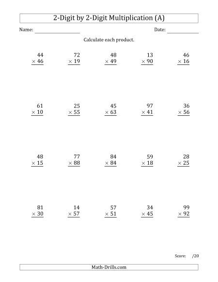 Multiplying 2 Digit By 2 Digit Numbers Multiplication Practice Math 