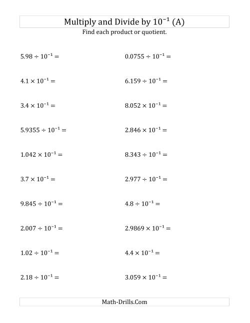 Multiplying And Dividing Decimals By 10 1 A Powers Of Ten Worksheet