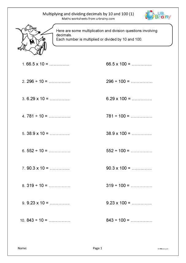 Multiplying And Dividing Decimals By 10 And 100 1 Fraction And 