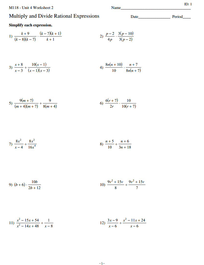 Multiplying And Dividing Rational Expressions Worksheet Kuta Algebra 2 