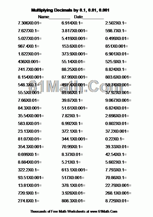 Multiplying Decimals By 0 1 0 01 0 001 Create Your Own Math Worksheets