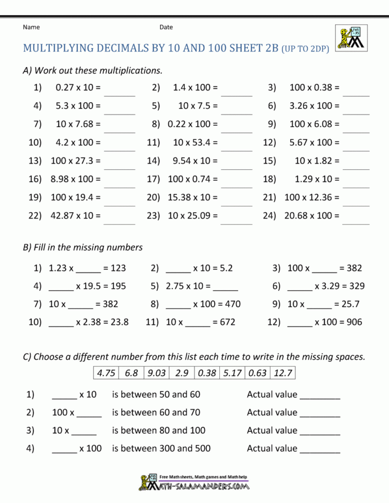 Multiplying Decimals By 10 100