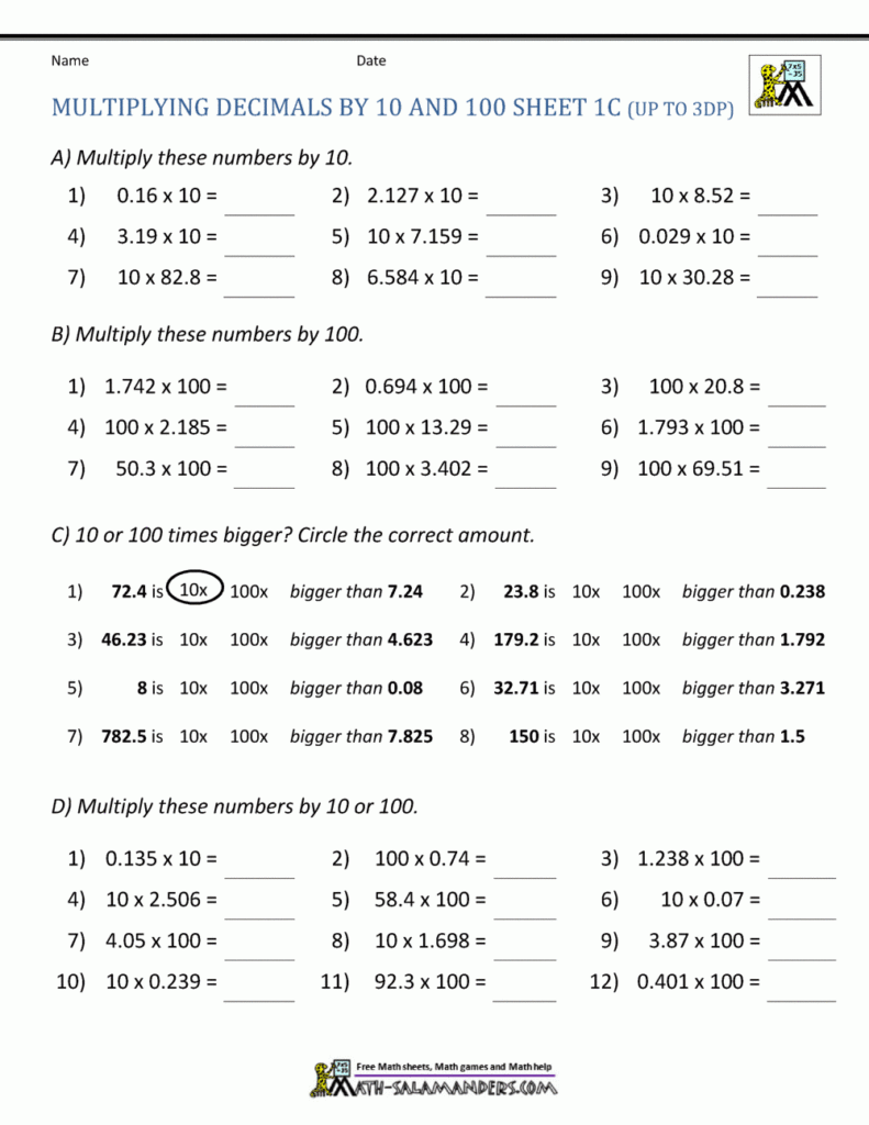 Multiplying Decimals By 10 100