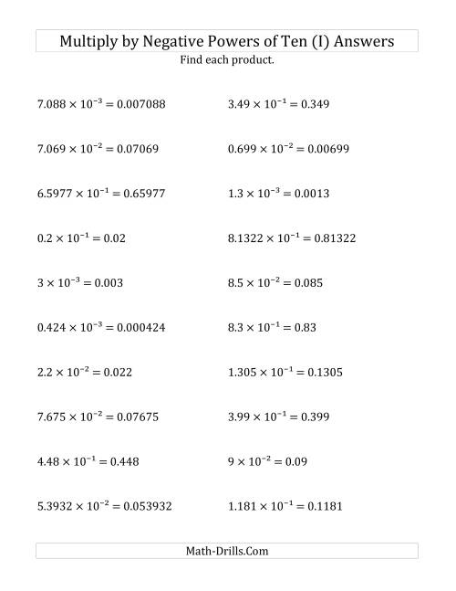 Multiplying Decimals By Negative Powers Of Ten Exponent Form I