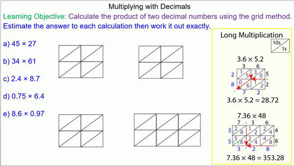 Multiplying Decimals Using The Grid Method Mr Mathematics