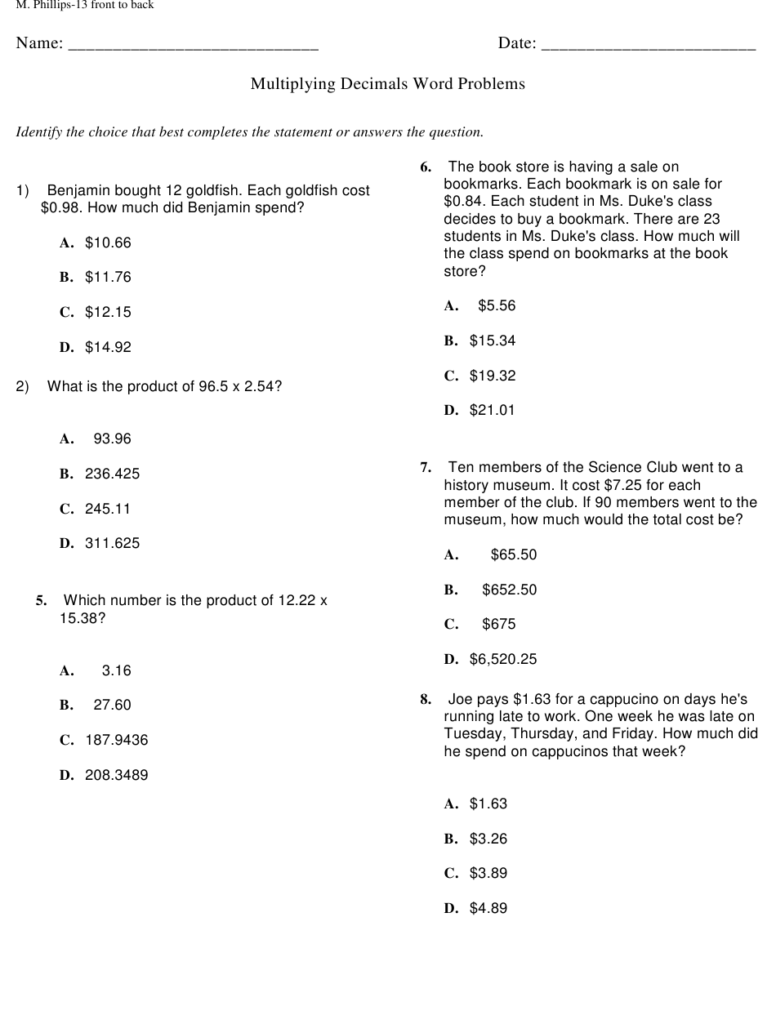 Multiplying Decimals Word Problems Worksheet With Answer Key Download