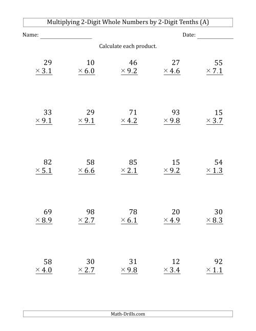 Multiplying Two Digit Whole By Two Digit Tenths A 