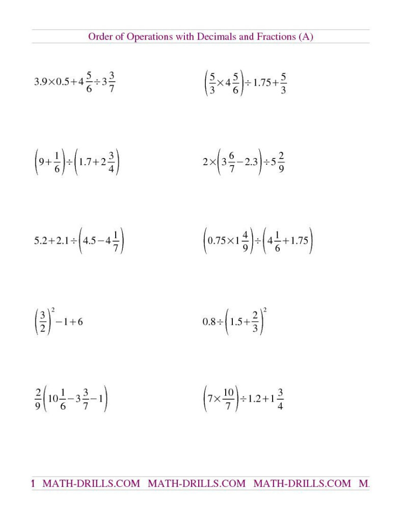 Order Of Operations With Decimals And Fractions Mixed A Fractions 