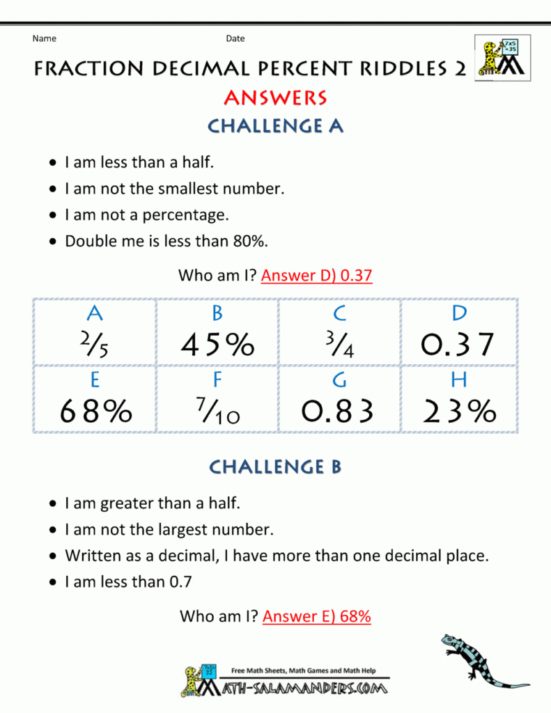 Ordering Fractions Decimals And Percentages Worksheets With Answers 