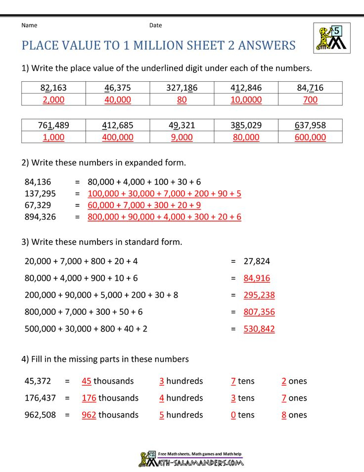 Place Value To 1 Million Sheet 2 Answers Place Value Worksheets 