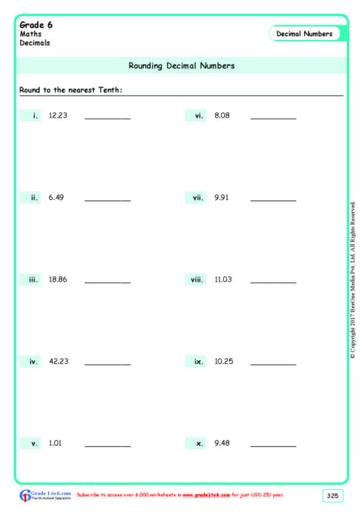 Rounding Decimals To The Nearest Tenth Worksheets Grade 6