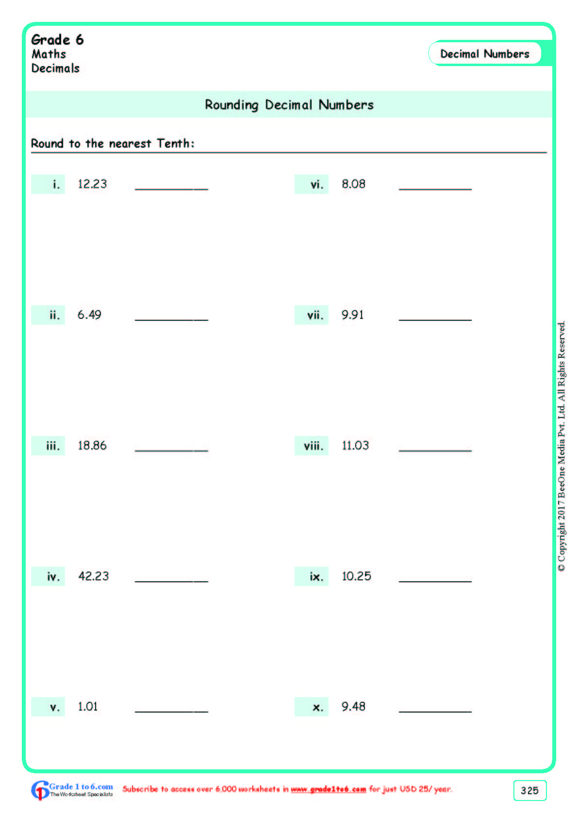 Rounding Decimals To The Nearest Tenth Worksheets Grade 6