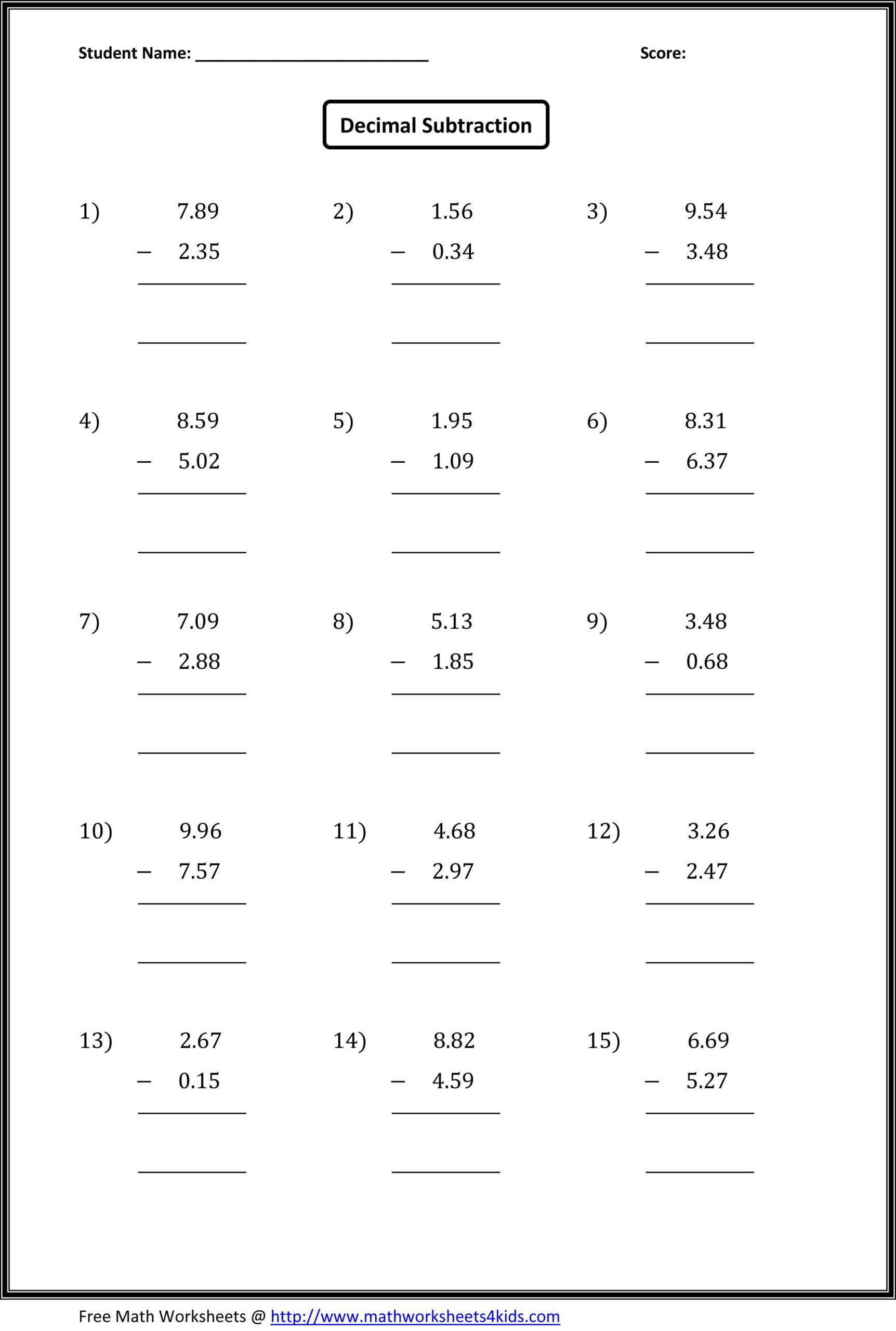 Subtracting Decimals Worksheet 5th Grade Theodore Bailey