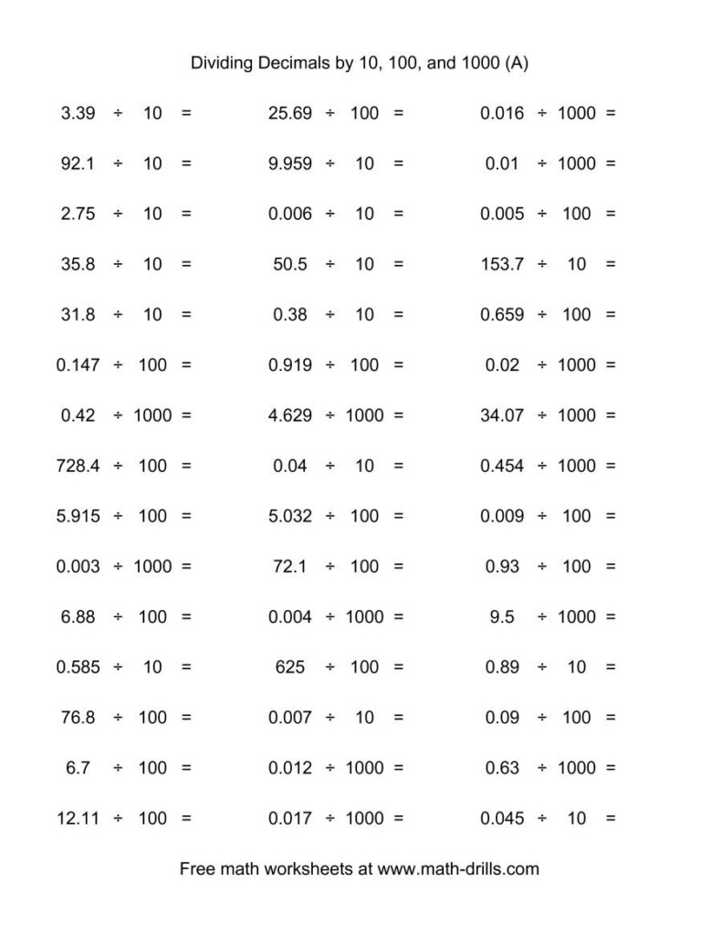 The Decimal Divided By 10 100 Or 1000 horizontal 45 Per Page A