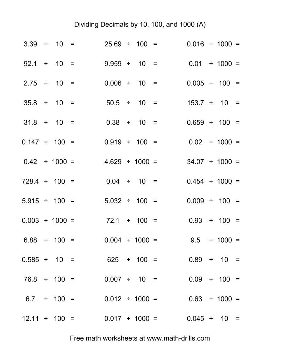 The Decimal Divided By 10 100 Or 1000 horizontal 45 Per Page A 