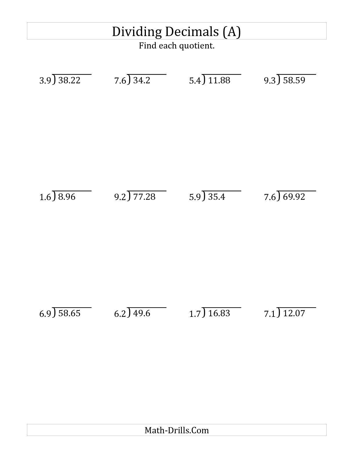 The Dividing Decimals By 2 Digit Tenths A Math Worksheet From The 