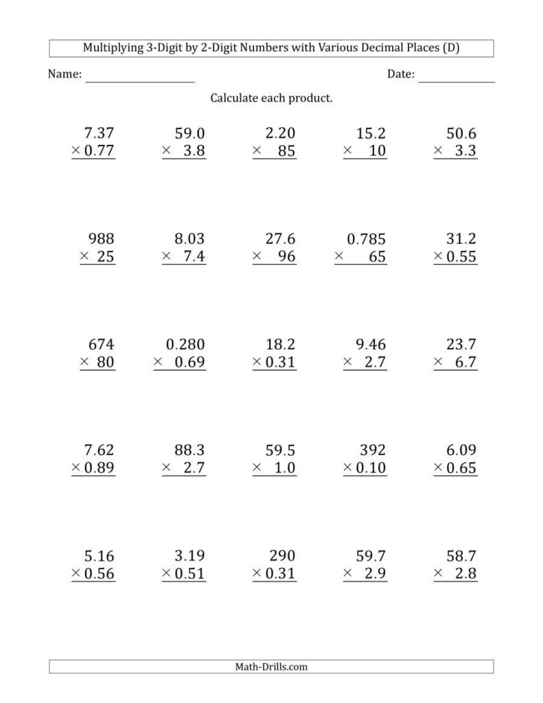 The Multiplying 3 Digit By 2 Digit Numbers With Various Decimal Places 