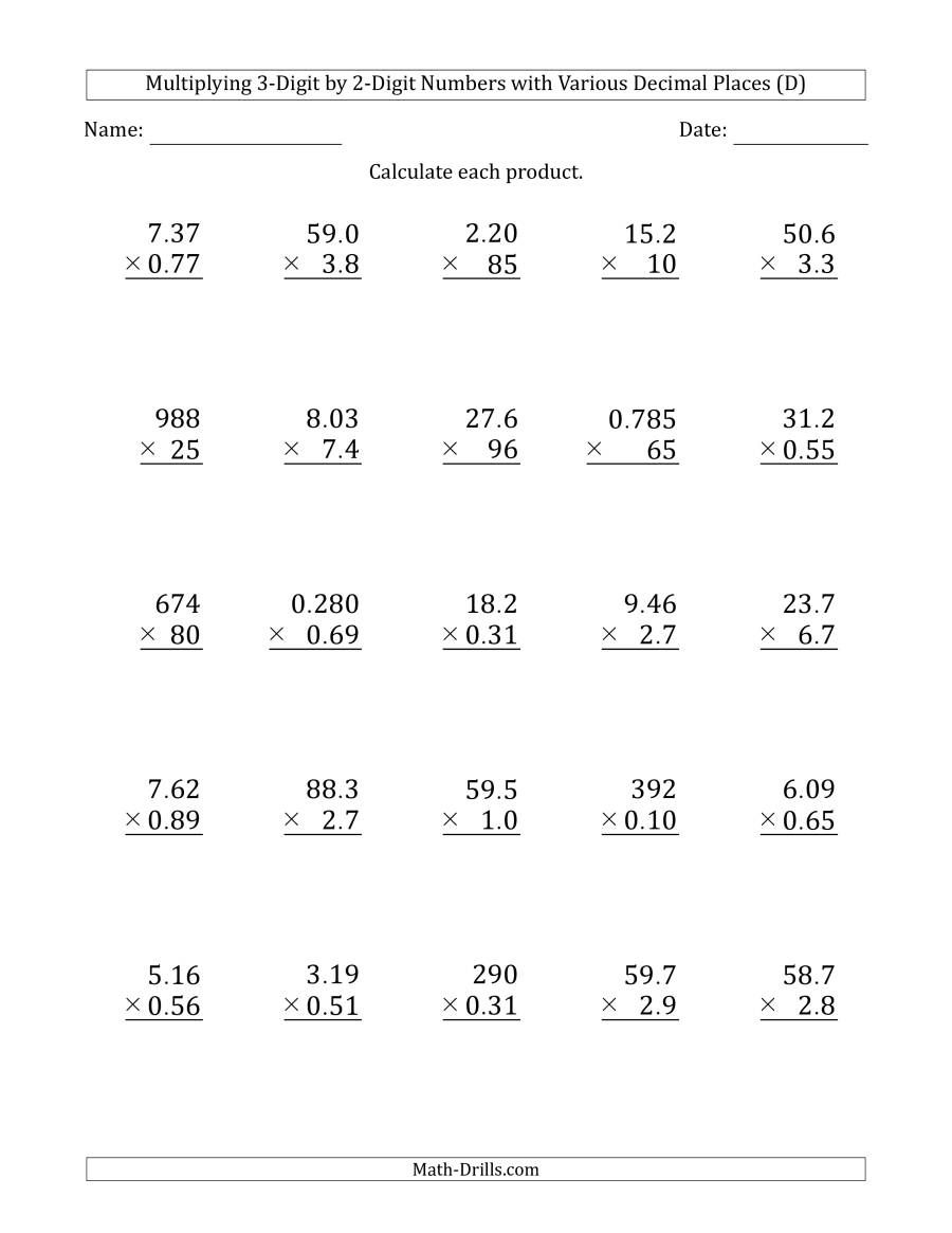 The Multiplying 3 Digit By 2 Digit Numbers With Various Decimal Places 