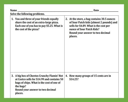 Word Problems For Multiplying And Dividing Decimals Dividing Decimals 