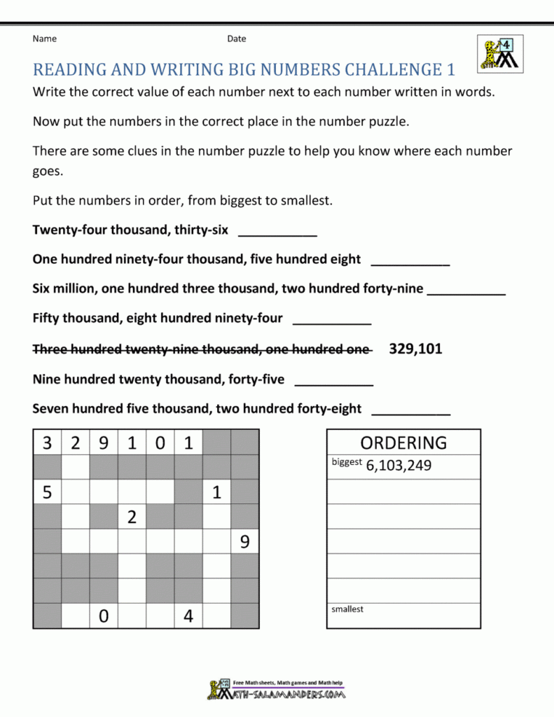 4th Grade Math Worksheets Reading Writing And Rounding BIG Numbers